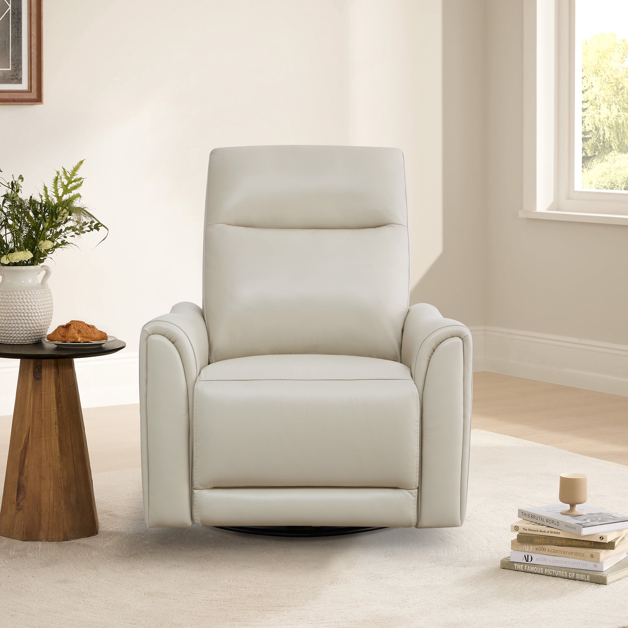 Spruce & Spring Genuine Leather Power Swivel Glider Recliner for Nursery, Light Grey