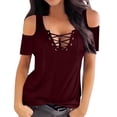thumbnail image 2 of Karymi Shirts for Women Cold‑Shoulder Short Sleeve Top, Crisscross Lace‑Up V‑Neck Solid Slim‑Fit Blouse, Club Night‑Out Streetwear T‑Shirt Summer Tops for Women 2025, 2 of 7