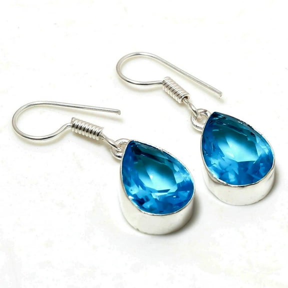 London Blue Topaz Pear Shape Gemstone Earrings Handmade Antique Jewelry 1.20"