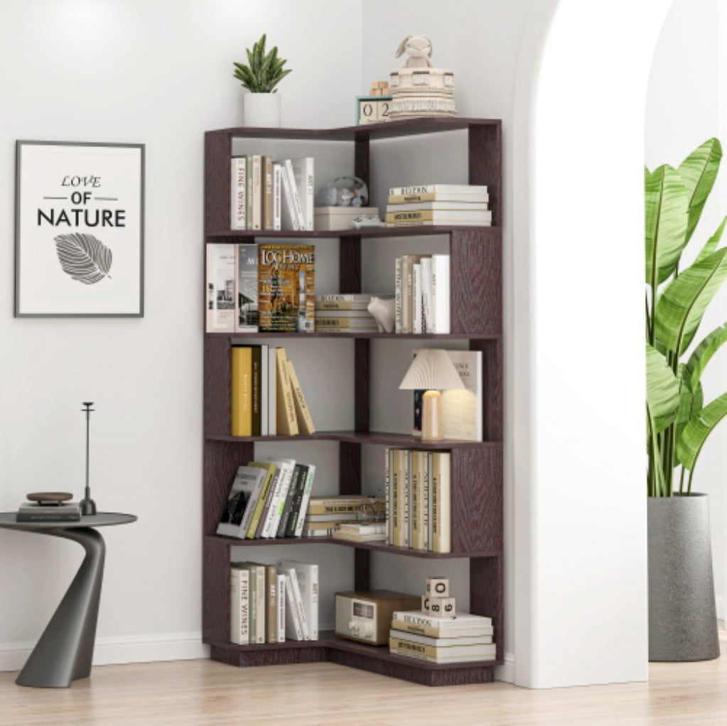 5-Tier L-Shaped Corner Bookshelf, 35.43" Freestanding Wooden Bookcase with Anti-Drop Panels & Anti-Tip Device, Open Display Storage for Living Room, Bedroom & Home Office, Red