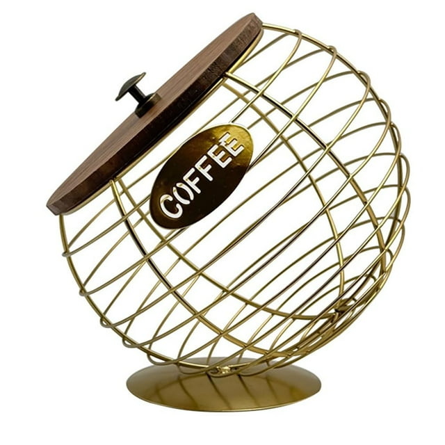 Metal Coffee Pod Holder - Iron+Wood Lid, Spherical Design, Space-Saving, Coffee Station Decor