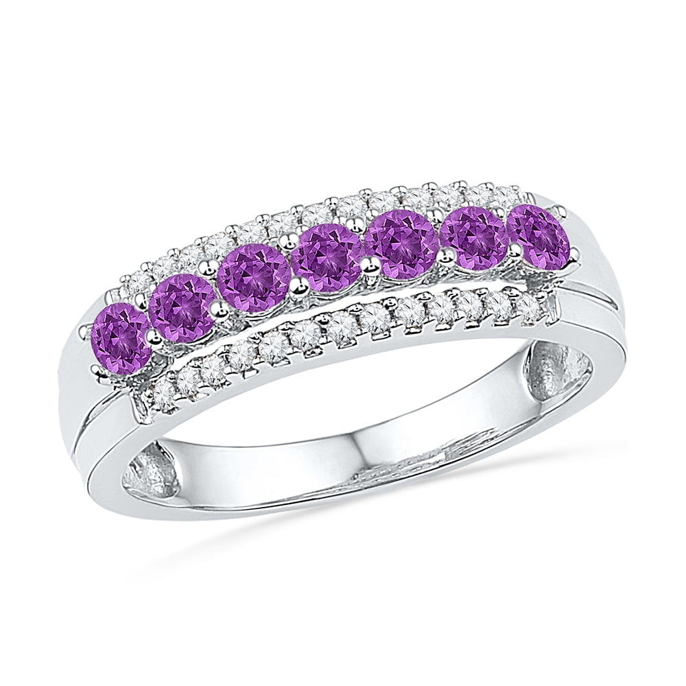 Size 7 Solid 10k White Gold Round Purple Simulated Amethyst And White Diamond Channel Set Seven Stones Wedding Band OR... by AA Jewels