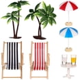 thumbnail image 1 of Set en miniatura de micro paisaje playero con mini palmeras, sombrillas, tumbonas, bebidas y mesa de centro redonda decorativa para casa de muñecas., 1 of 7