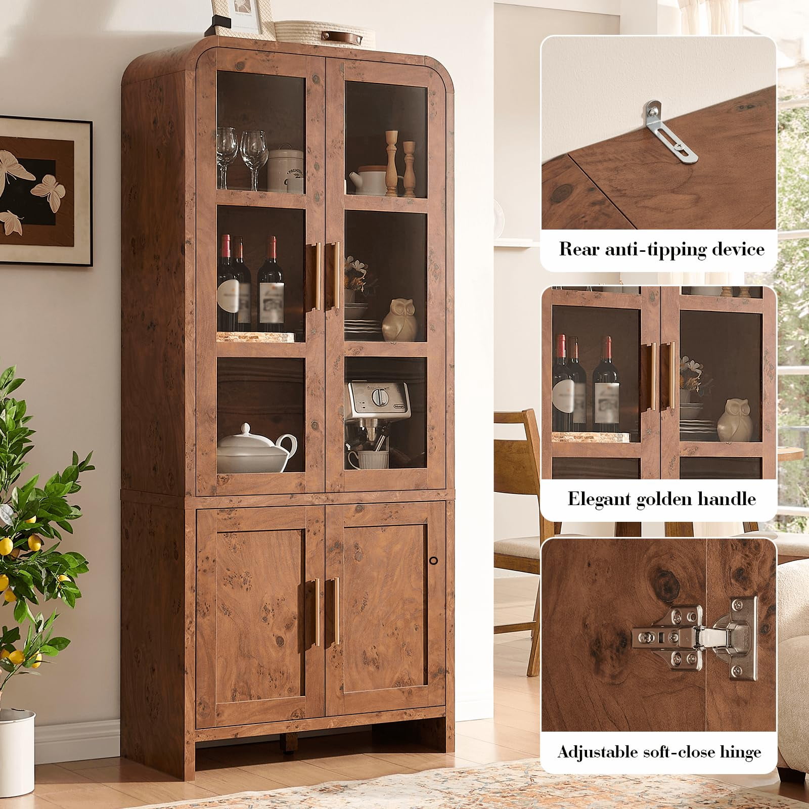 Vintagearth  77" Tall Kitchen Pantry Cabinet, 1.18'' Thick Panel Curved Storage Cupboard with Adjustable Shelf, Freestanding Organizer for Kitchen, Dining Room, Dark Burl