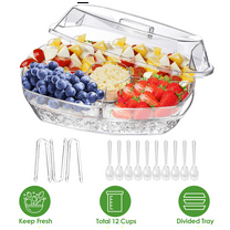 Tcbosik Fruit Ice Serving Tray with Lid and 4 Compartments, 15 inch Chilled Veggie Tray, Shrimp Cocktail Serving Dish, Appetizer Serving Platter with 3 Tongs and 10 Sporks for Parties, Transparent