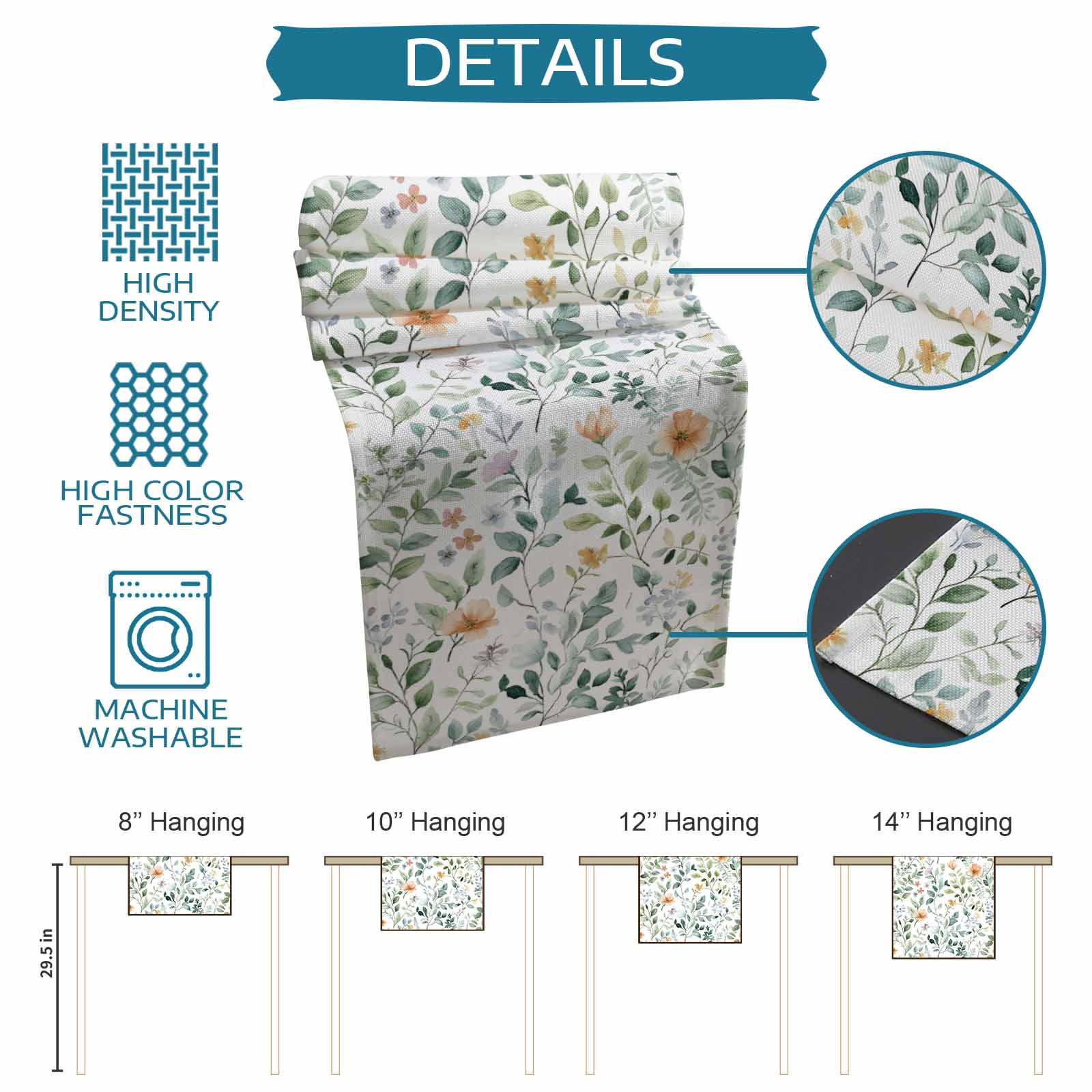 Colorful Flowers Table Runner, Farmhouse Botanical Floral Herbs Washable Cotton Linen Table Runners 90 Inches Long, Dresser Scarf Runner for Dining/Coffee/Kitchen/Hallway Tables 13''x90''