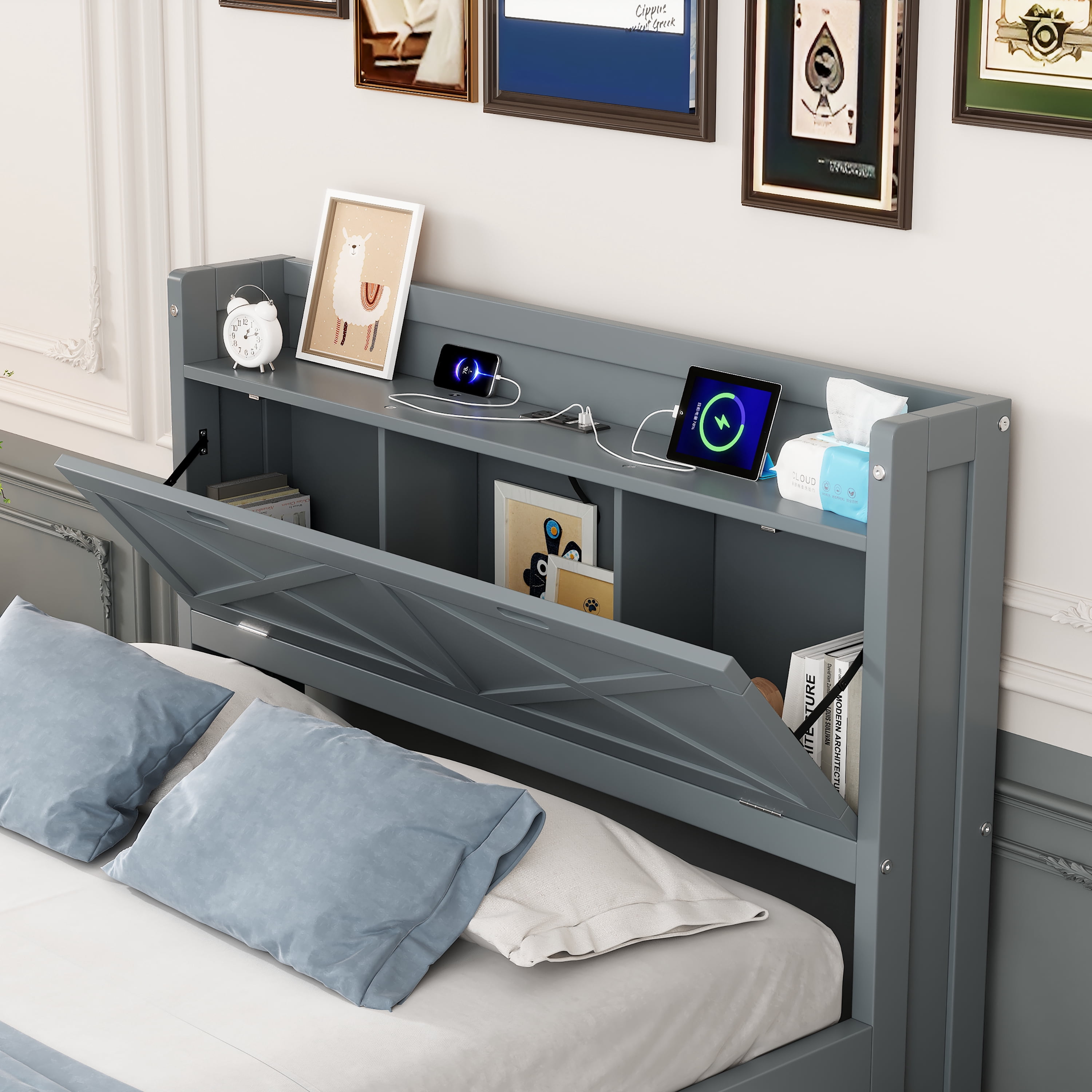 Mintazer Farmhouse Twin Bed with Trundle & 3 Drawers, Extendable Platform Bed with Headboard Storage & Charging Station for Bedroom, Gray