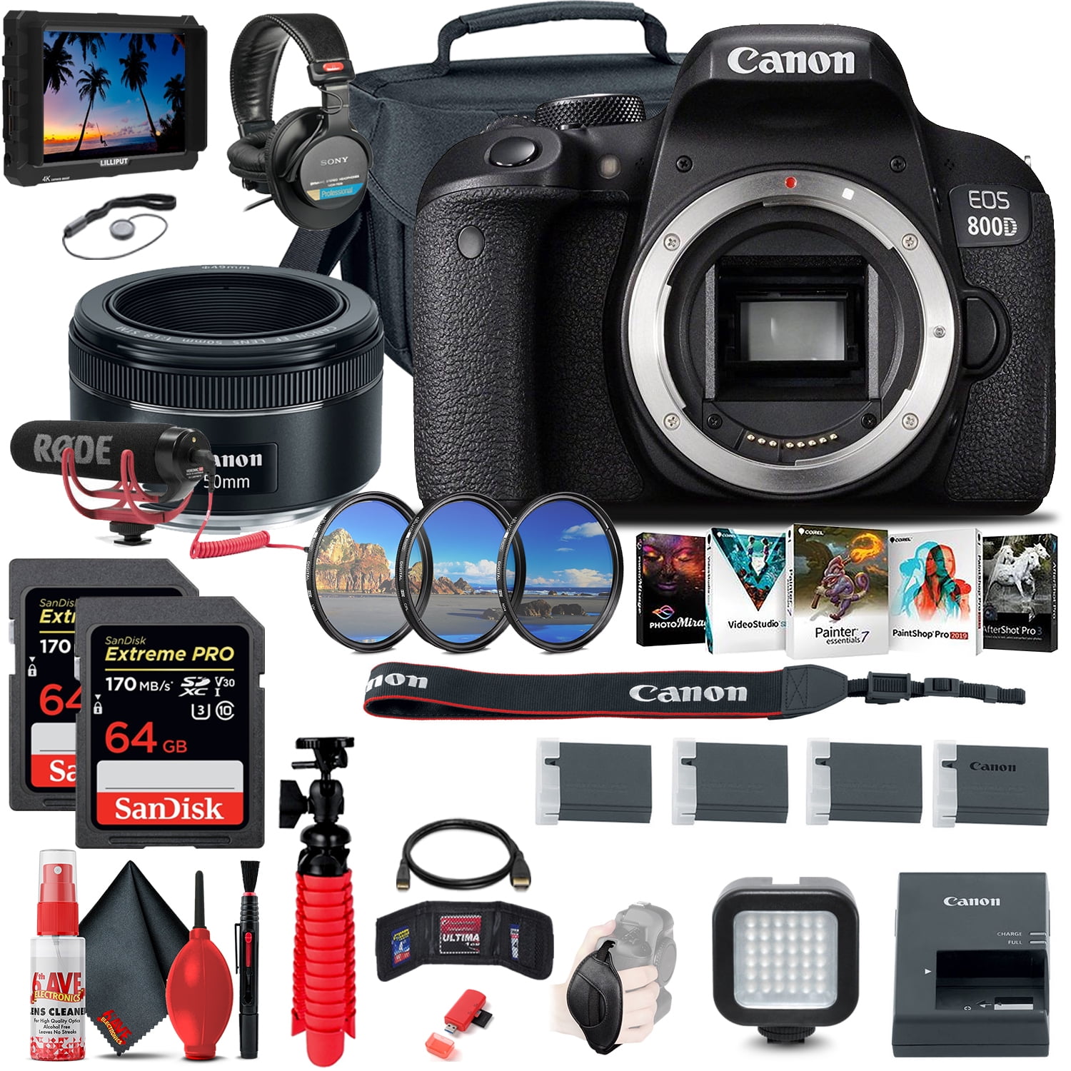 Canon EOS Rebel 800D / T7i DSLR Camera (Body Only) + 4K Monitor + Canon EF 50mm (International Version)
