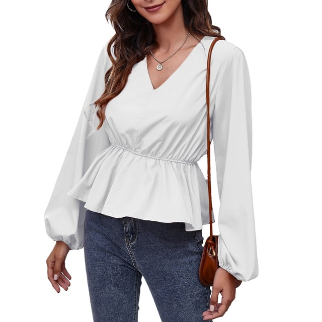 Blusa Cuello En V Puff Manga Larga Cintura Adelgazante Color Puro Tops De Moda Para Mujer