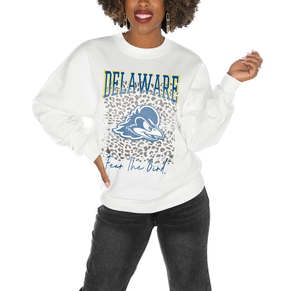 Women's Gameday Couture Delaware Fightin' Blue Hens White Oversized Drop Shoulder Fleece Drop Pullover Sweatshirt