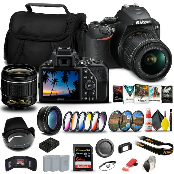 Nikon D3500 DSLR Camera with 18-55mm Lens (1590) 64GB Extreme Pro Card 2 x EN-EL14a Battery More - International Model