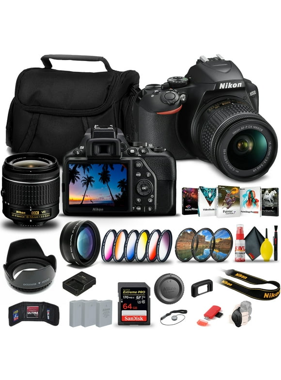 Nikon D3500 DSLR Camera with 18-55mm Lens (1590) + 64GB Extreme Pro Card + 2 x EN-EL14a Battery + Corel Photo Software + Case + Filter Kit + Telephoto Lens + Color Filter + More - International Model