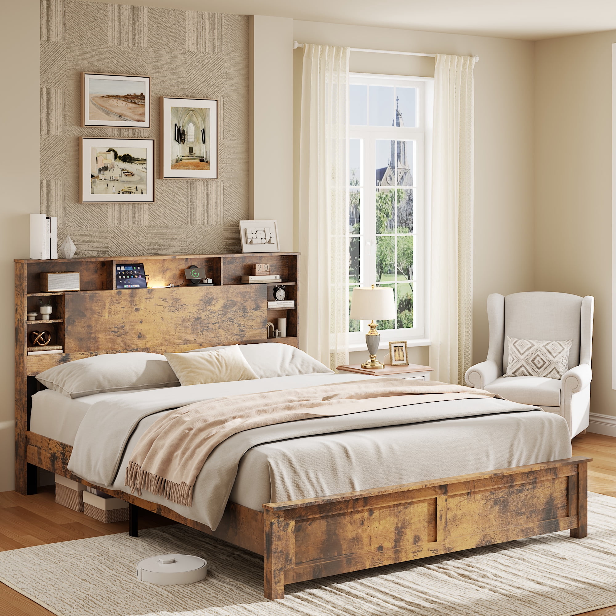 Mintazer Farmhouse Wooden Queen Platform Bed with 8 Shelves Storage Headboard, USB Charging Station and Mini LED Lighting, Brown