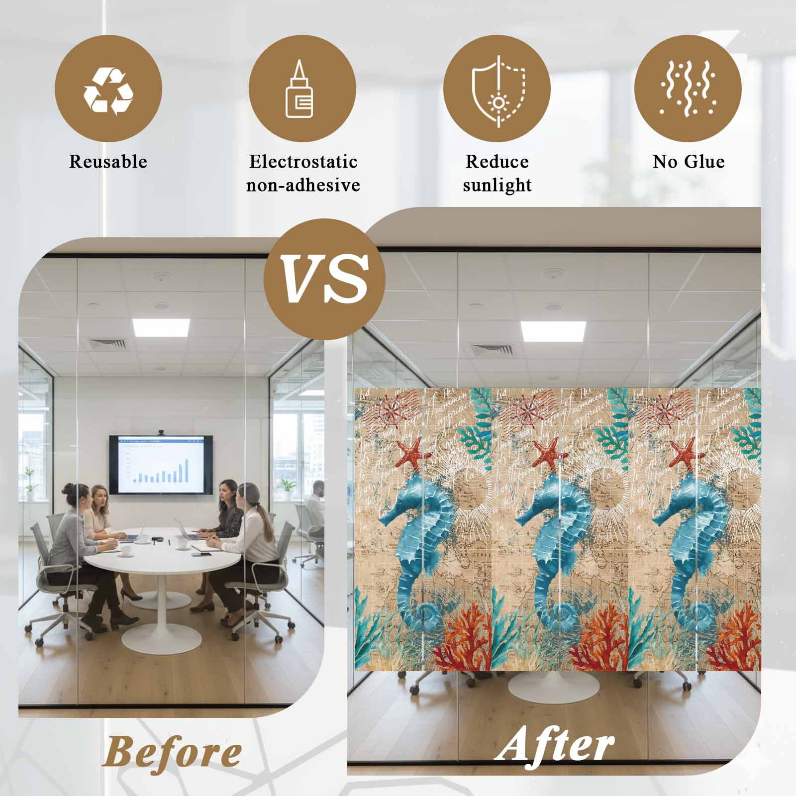 Nautical Marine Life Window Privacy Film, Hippocampus Starfish Coral Seaweed Blue Ocean Retro Frosted Glass Window Clings Static Cling UV Heat Blocking Reusable Sticker for Bedroom 23.6x78.7 Inch