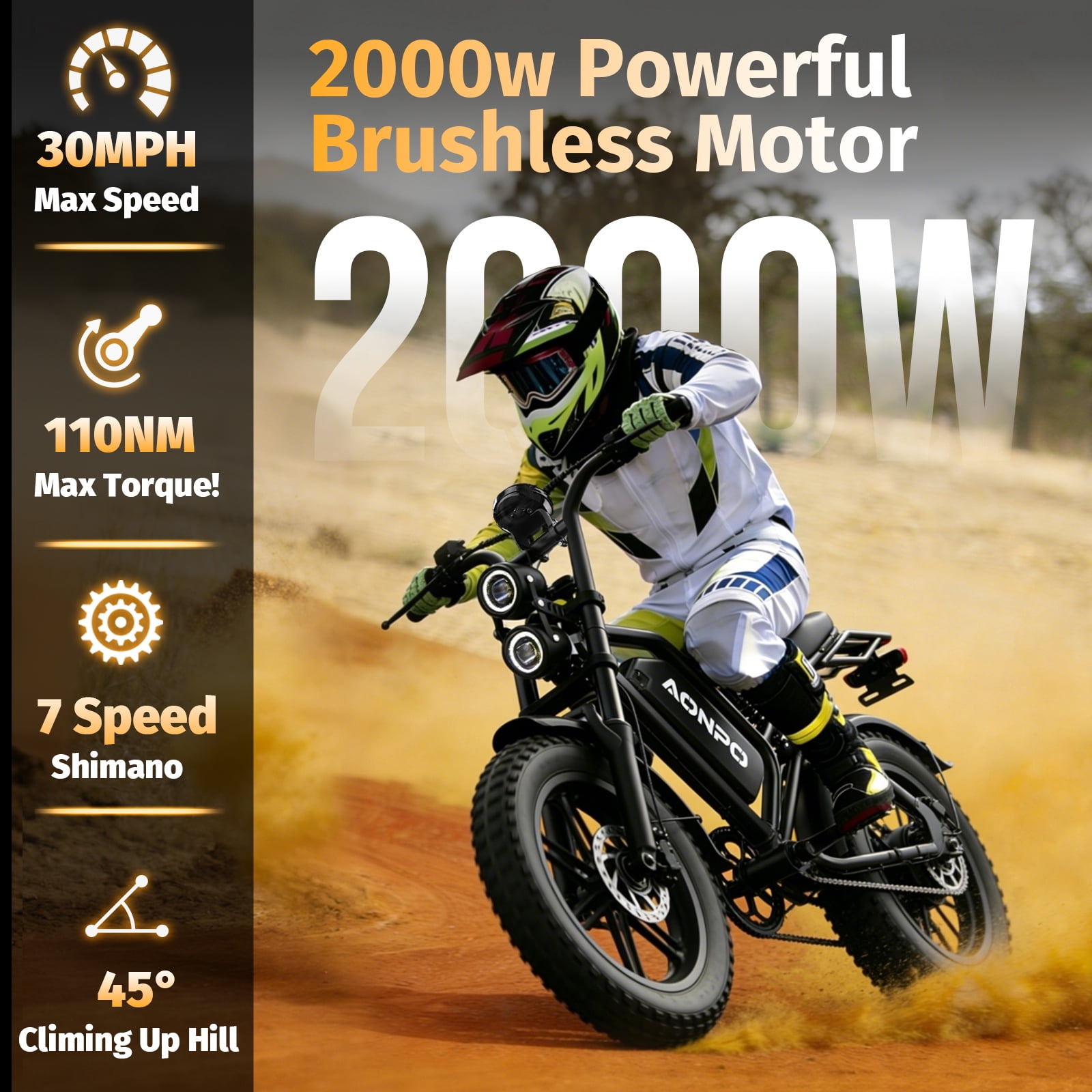 Aonpo P20 Electric Bike for Adults，Peak Motor 2000W，52V 15AH Alithium Battery and 25" Fat Tire，28MPH Max Speed, 7-Speed E-Bike for City Commute & Light Off-Road