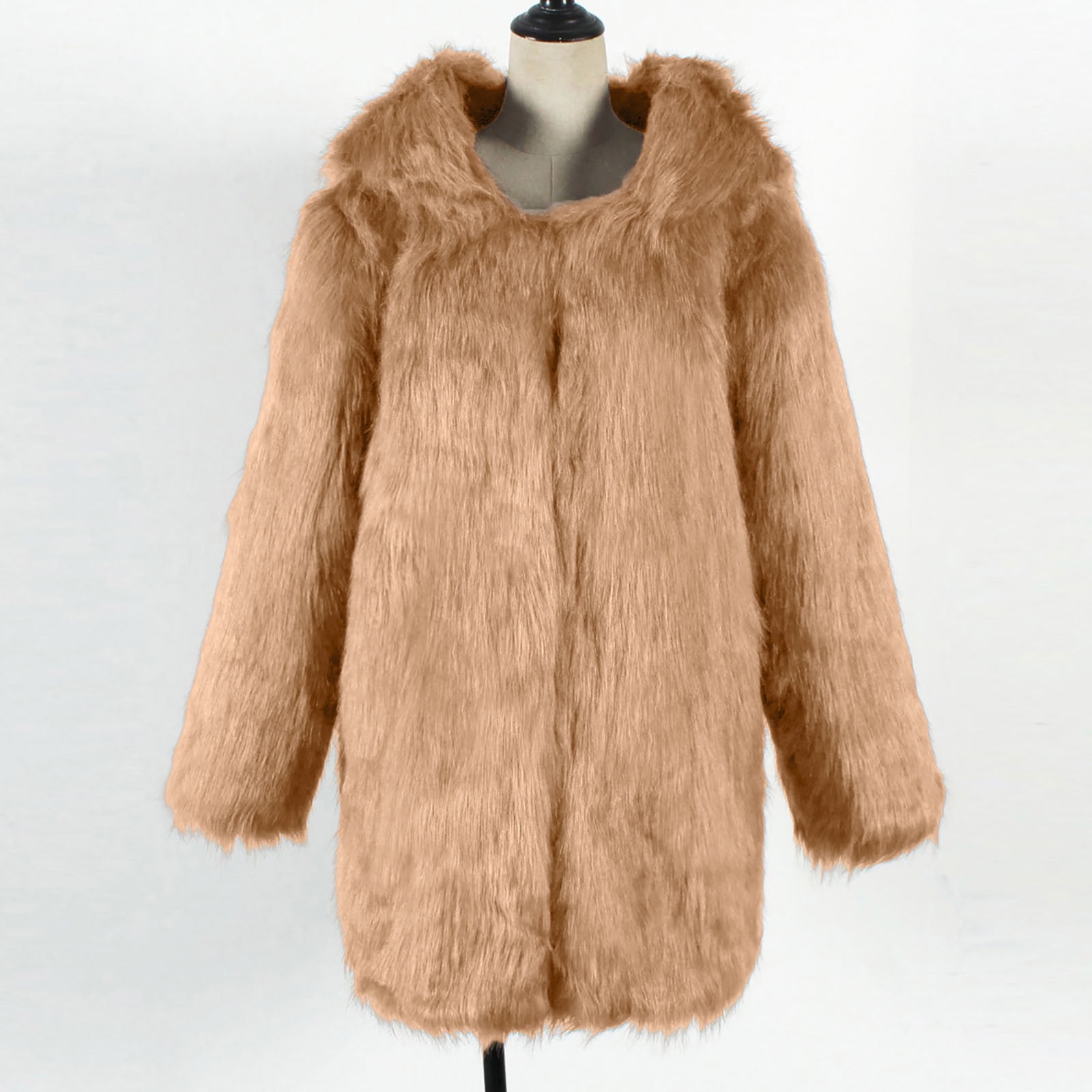 QATAINLAV Womens Winter Warm Faux Fur Coats Solid Color Hooded Fluffy Jackets Mid Length Ladies Cardigans Outerwear, Khaki, M