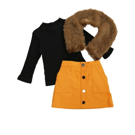 

Xingqing Toddler Baby Girl Fall Outfits Knit Sweater A-Line Mini Skirt Fur Collar 3pcs Set