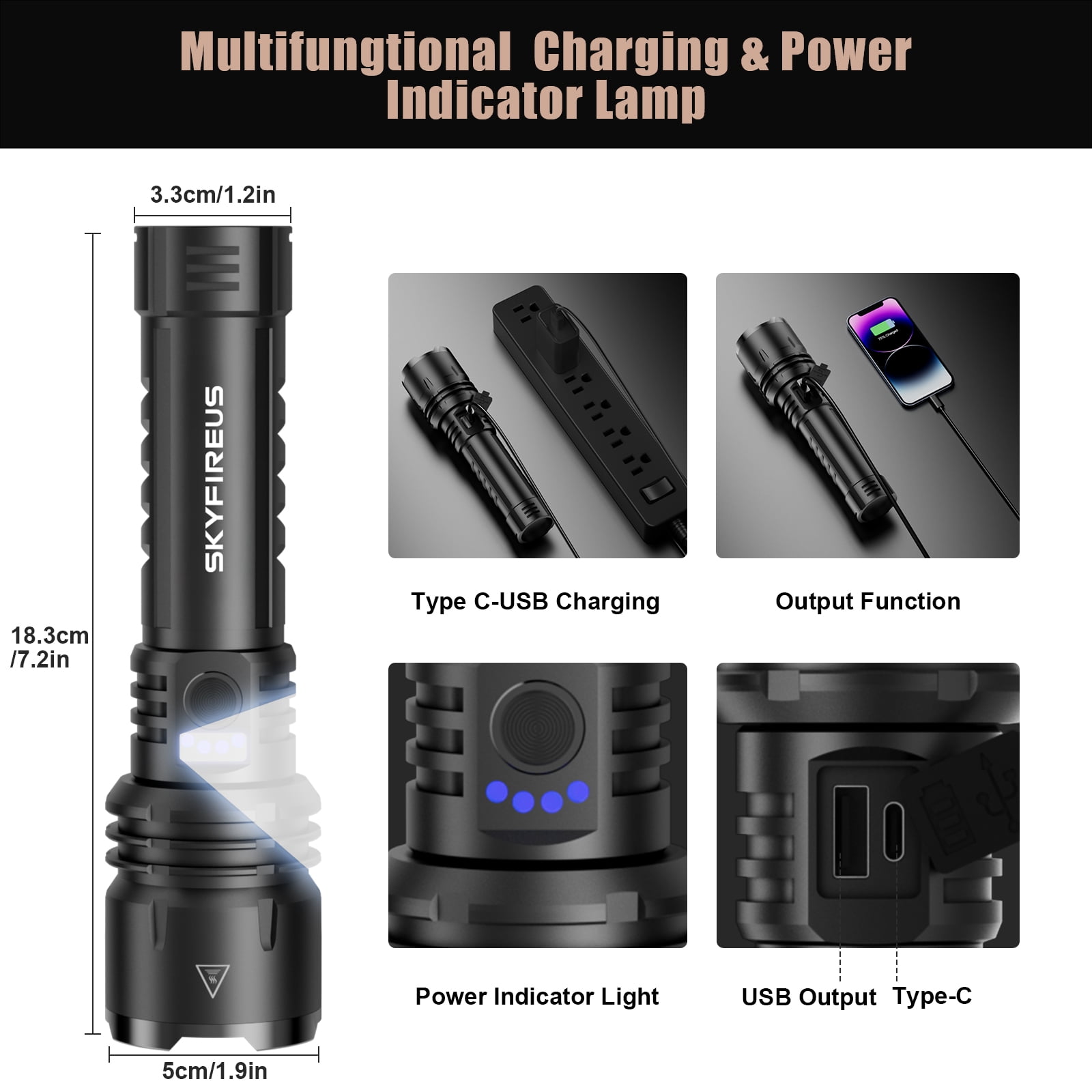 SKYFIRE XHP160 Super Bright 10000 Lumens LED Flashlight, Rechargeable 5000mAh, IP67 Waterproof, Zoomable, 5 Modes, High Power Tactical Flashlight for Camping, Hiking, Emergencies