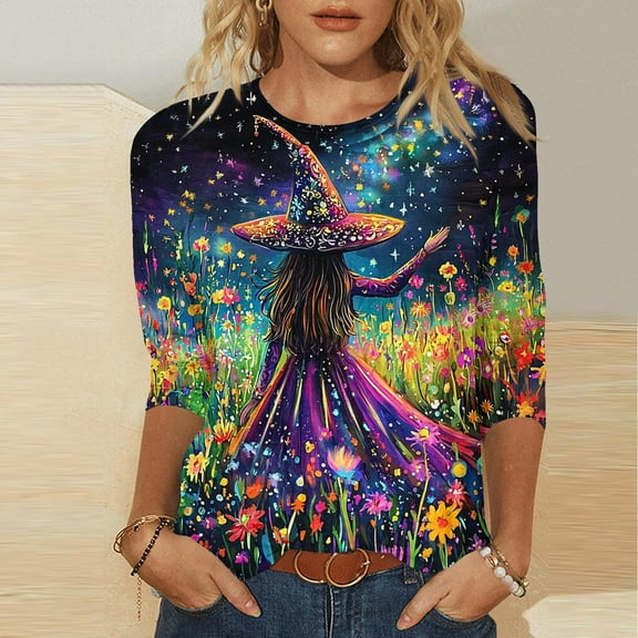 Kilaqueen Cute Funny Halloween Shirts for Women Plus Size 3/4 Length Sleeve Crew Neck Womens Tops Vintage Festival Witch Graphic Tunic Tops