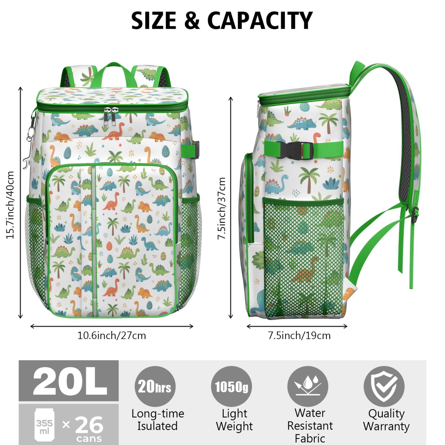 Travel Cooler Bag - White Dinosaurs Eggs Palms Pattern Camping Beer Cooler Backpack with Bottle Opener- Waterproof Insulated Picnic Backpacks - Cooler Bag for Beach