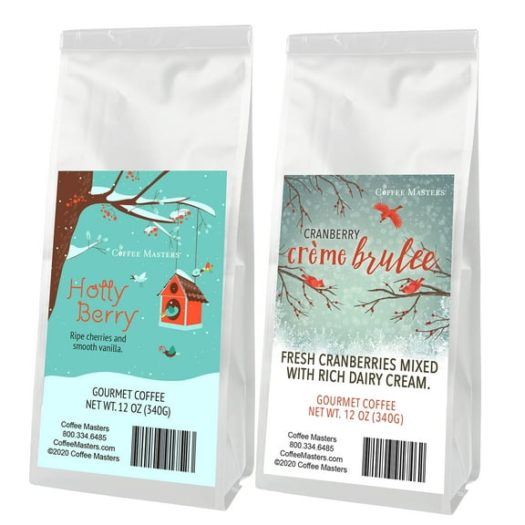 Coffee Masters Christmas Coffee Sampler - Cranberry Crème Brulee and Holly Berry 12 oz Ground Coffee