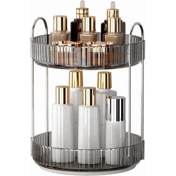PLERISE 360° Rotating Makeup Organizer – 2-Tier Spinning Storage Rack for Perfume & Cosmetics, Grey