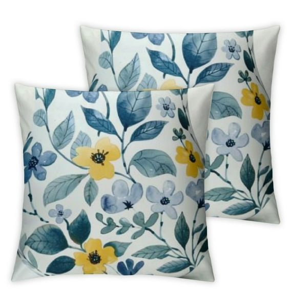 nygtbtfer Yellow Blue Floral Throw Pillow Covers  Set of 2, Watercolor Sage Green Pillow Covers Farmhouse Spring Leaves Outdoor Decorative Square Cushion Covers for Home Sofa Car Bedroom White