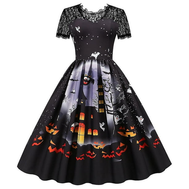 Vestido Retro de encaje para Halloween, disfraces de mujer de manga corta de los años 50 y 60, vestidos de fiesta Vintage con calavera y bruja, ropa aterradora para Halloween, Cosplay