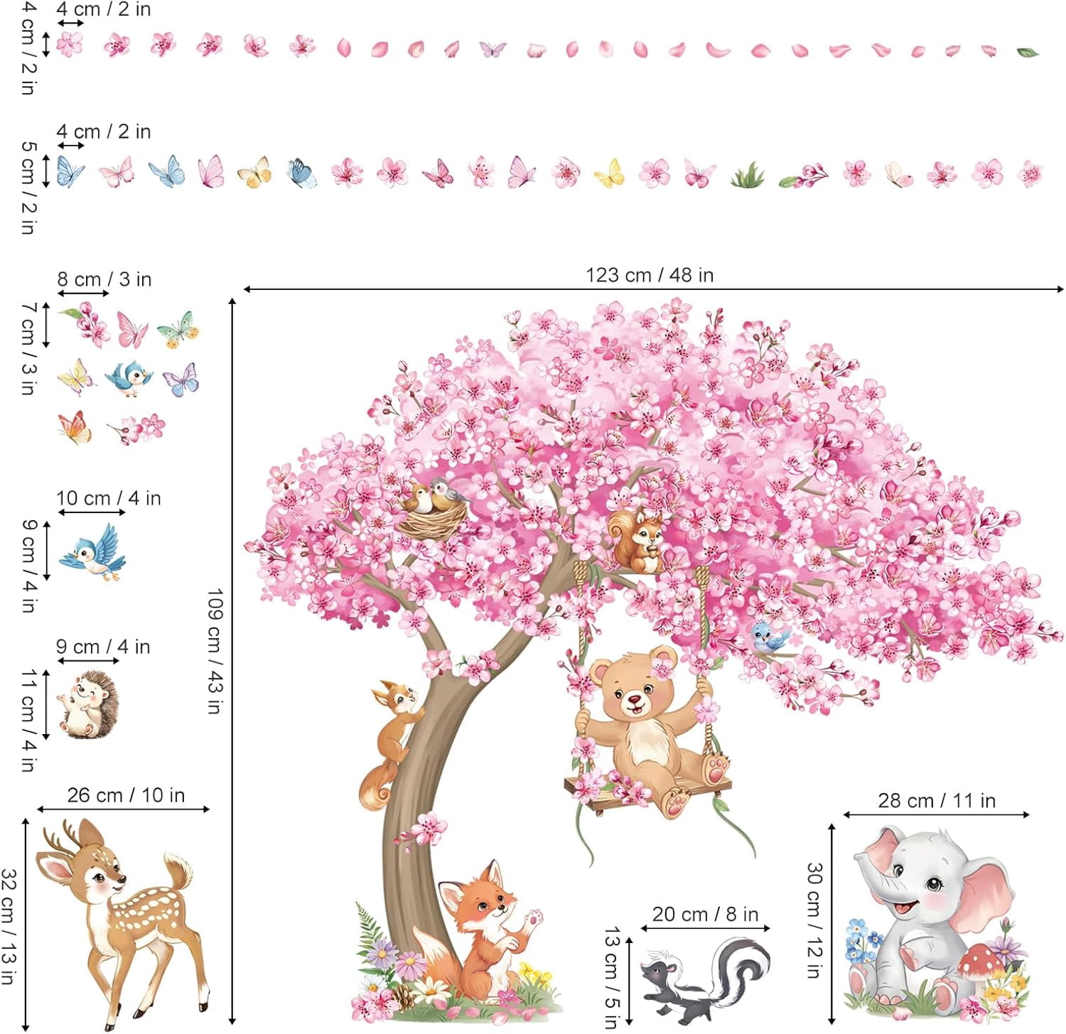 Large Cherry Blossom Tree Wall Stickers Woodland Animals Bear Deer Pink Flower Wall Decals Baby Nursery Kids Bedroom Living Room Home Decor