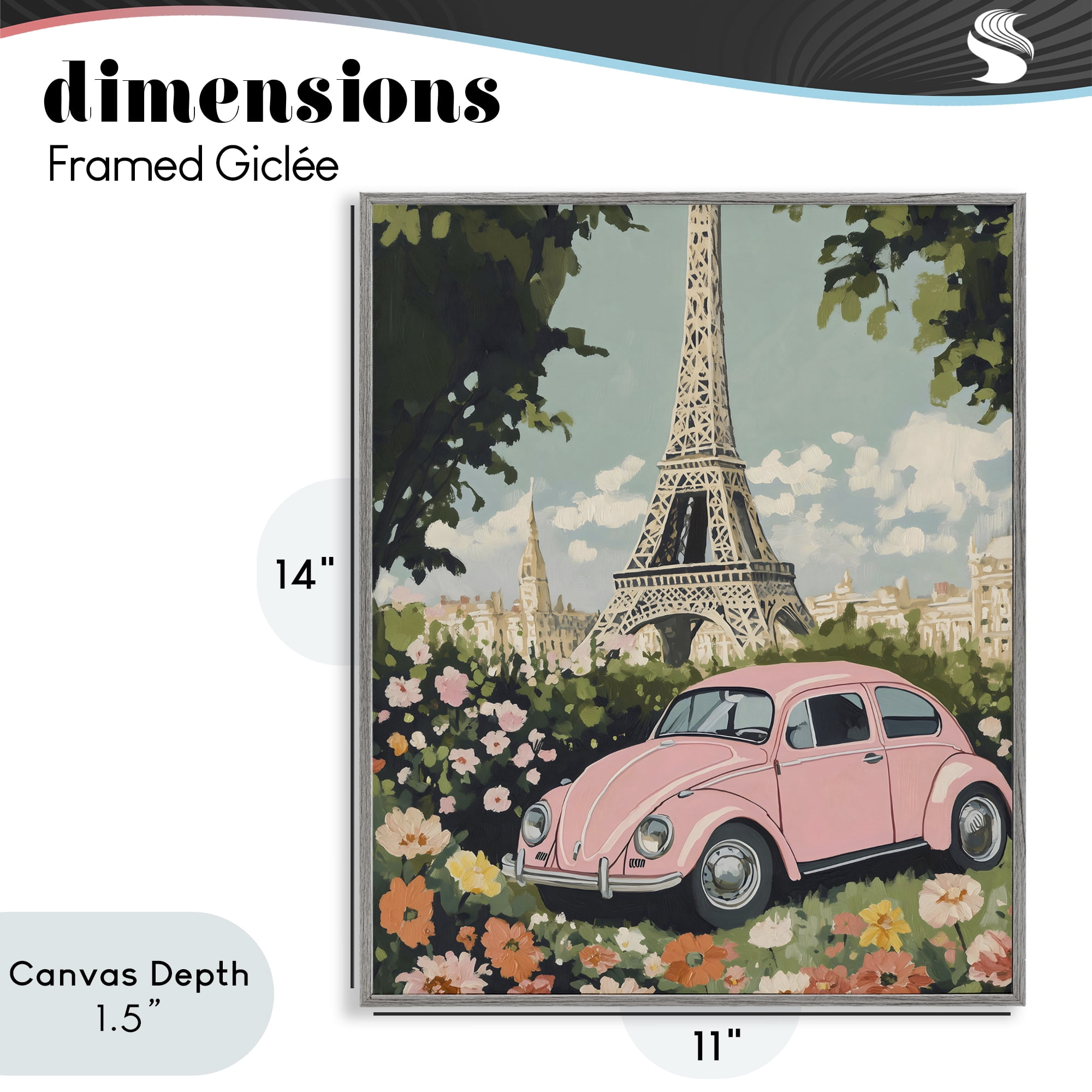 Stupell Industries Paris Pink Car in Bloom Gray Framed Giclee Art, design by The Prints Vibe