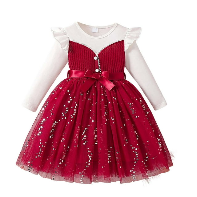 Vestido de Manga Larga para Niñas con Nudo de Arco Y Cinturón, de Moda de Color Sólido de Malla de Manga Larga para Niños 3-10 Años