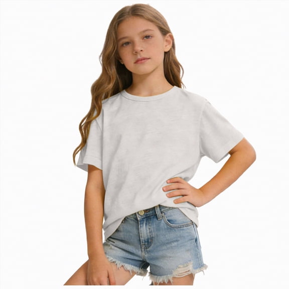 Big Girl's Graphic solid color T Shirt Short Sleeved 24 Months 2t 3t 4t 5t 6t 7t Crewneck T-Shirt Loose Casual Tshirt Summer Basic Tees Tops Gibobby,130,White