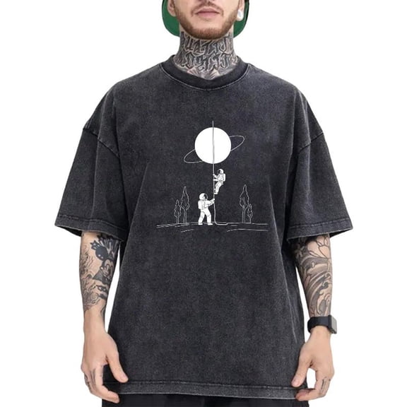 Retro Washed Astronaut Graphic Tee Shirt Celestial Scene Vintage Tops Short Sleeve Crew Neck Black S-2XL Plus Size