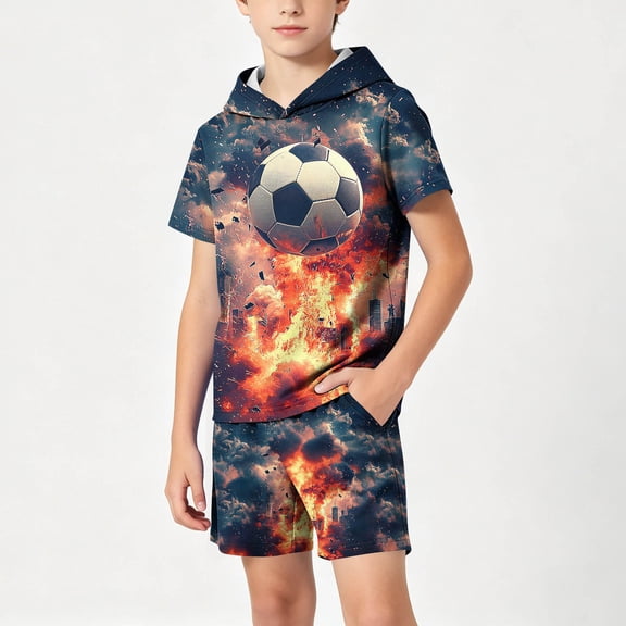 ITSAME Boys Outfit Set Short Sleeve Hoodie and Shorts 2-Piece Football Print Summer Casual Active Set Gray Size 9-10