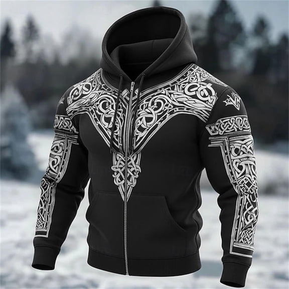 EliteGoogv Mens Hoodies Viking Norse Pattern Full Zip Hoodies For Men With Drawstring Front Pocket Fleece Lined Pullover Sweatshirt Casual Winter Outerwear Tops Black S