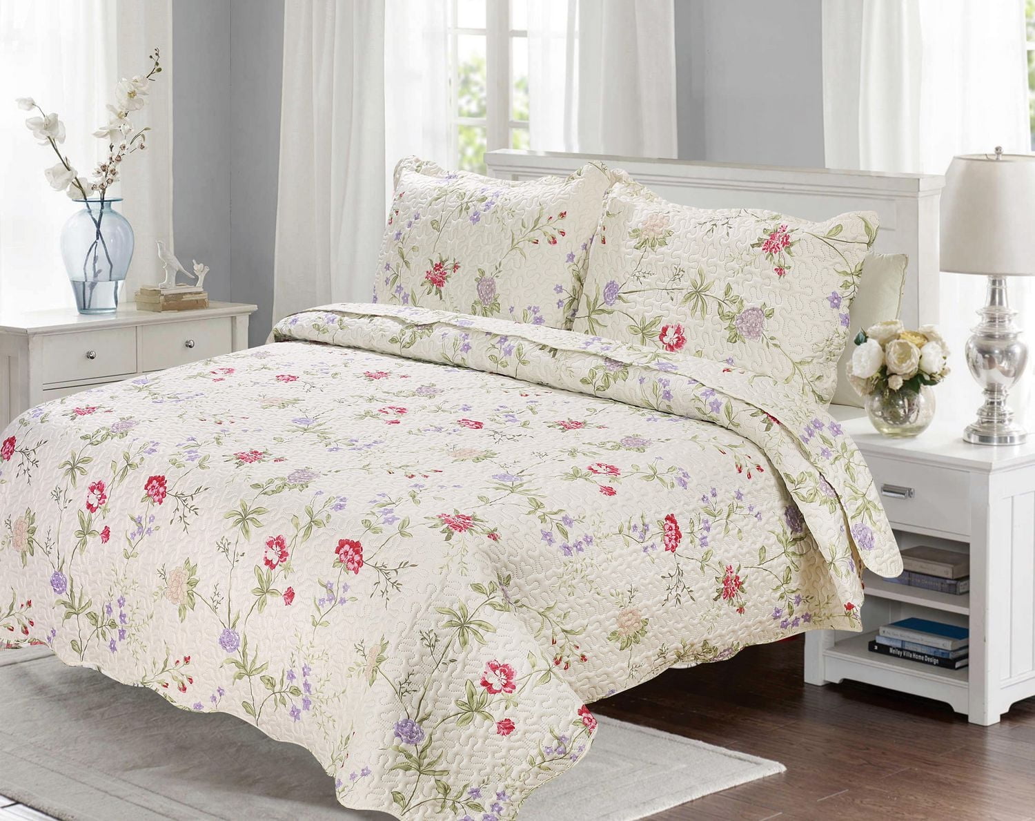 Marina Decoration Couvre-lit Pinsonic imprimé en relief ultra doux avec taies d'oreiller, motif floral clair rose vert rouge violet crème