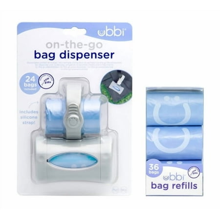 Ubbi On The Go Gray Bag Dispenser and Waste Disposal Bags Refill, Lavender Scented, Baby Savings Bundle