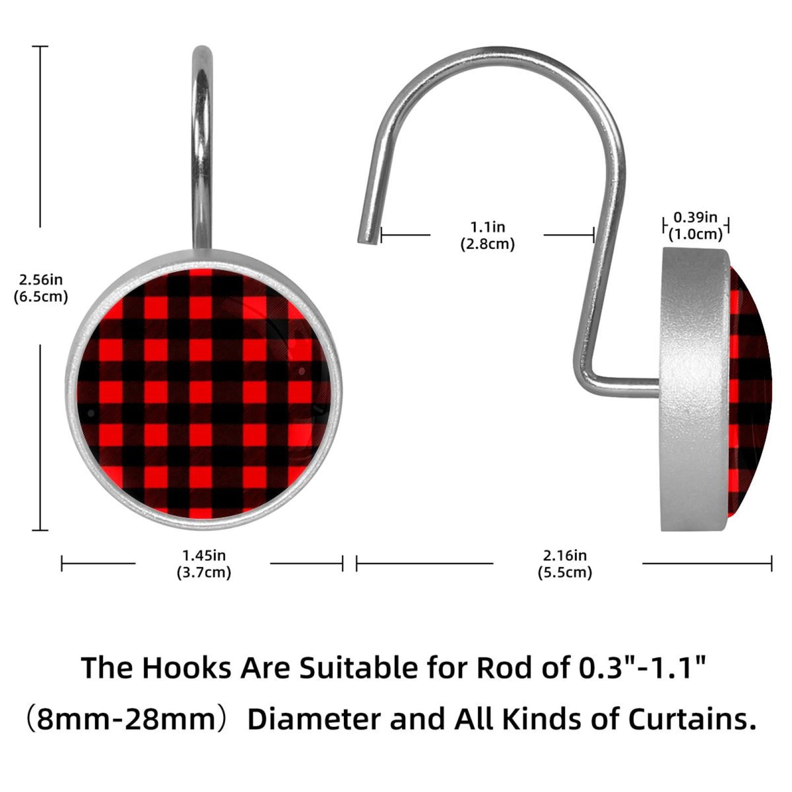 12pcs Decorative Shower Curtain Hooks, Rust Resistant Shower Rings for Bathroom Living Room,Rustproof Stainless Steel Rings for Shower Curtain and Liner Rods,Black and Red Grid