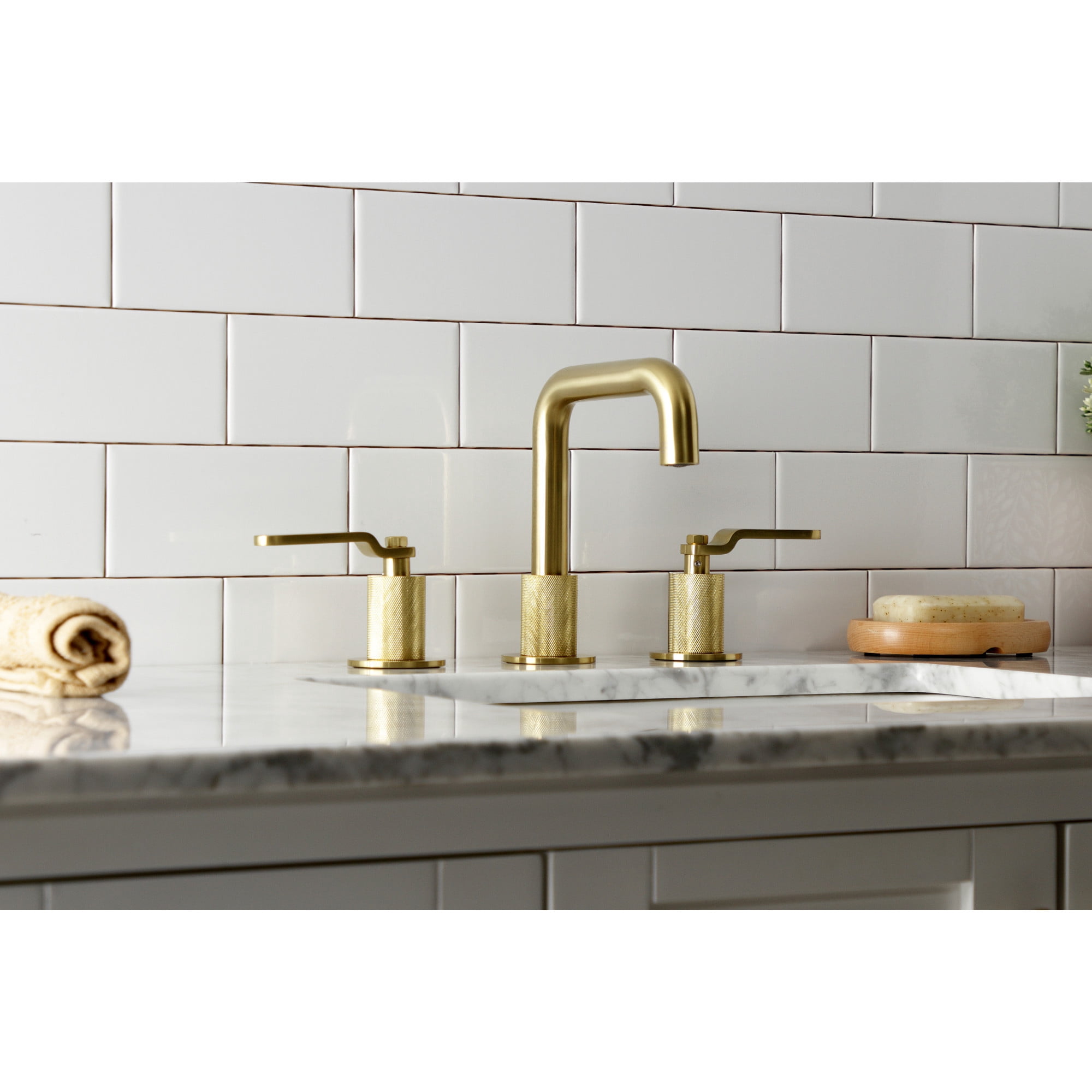 Kingston Brass KS1417KL Whitaker Widespread Bathroom Faucet with Push Pop-Up Drain, Brushed Brass