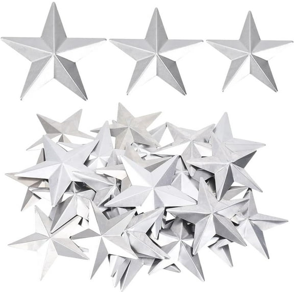 30PCS 3/3.1/3.5 Inch Silver Metal Star Galvanized Metal Stars Vintage Rustic Primitive Stars Three Dimensional Christmas Tree Patriotic Ornament for Crafts Hanging Wall