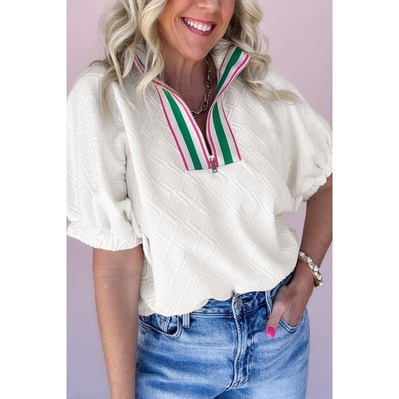 Contrast Striped Collar Patchwork Textured Half Sleeve Blouse