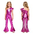 thumbnail image 6 of SiiRoh Girls 70s Disco Jumpsuit Shiny Metallic Ruffled Dance Outfits Sequins Bell Bottom Pants Dancewear Hot Pink 16, 6 of 6