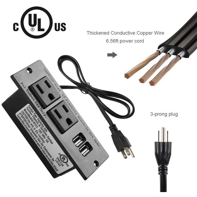 Prise de Bande d'Alimentation Intégrée pour Réunion, Station de Charge de Bureau avec 2 Prises et 2 Ports USB Conçus pour une installation Encastrée dans les tables de Conférence et les surfaces de Travail. Comprend Deux Prises CA, Deux Ports USB, un Cordon d'Alimentation de 6,56 Pi avec Fil de Cuivre Conducteur Épaissi, et une Prise à 3 Broches. Convient aux Appareils Stationnaires comme les Lampes et les Moniteurs, Ainsi Qu'une Recharge Temporaire pour Ordinateurs Portables, Tablettes et Téléphones Mobiles. Fonctionne comme Parasurtenseur et Station d'Alimentation de Bureau