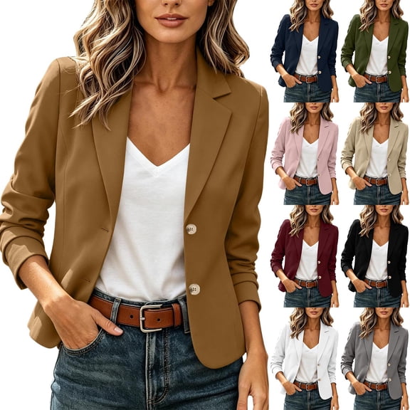 Jovrlynd Blazers for Women 2026 Long Sleeve Lapel Collar Button Cropped Suit Jacket for Work Office Khaki L