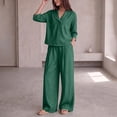 thumbnail image 4 of Costeam Womens Textured Woven Two Piece Outfit Lapel Collar 3 Quarter Sleeve Pocket Top And Elastic Waist Wide Leg Pants Loose Fit Solid Color Casual Co Ord Set, 4 of 7
