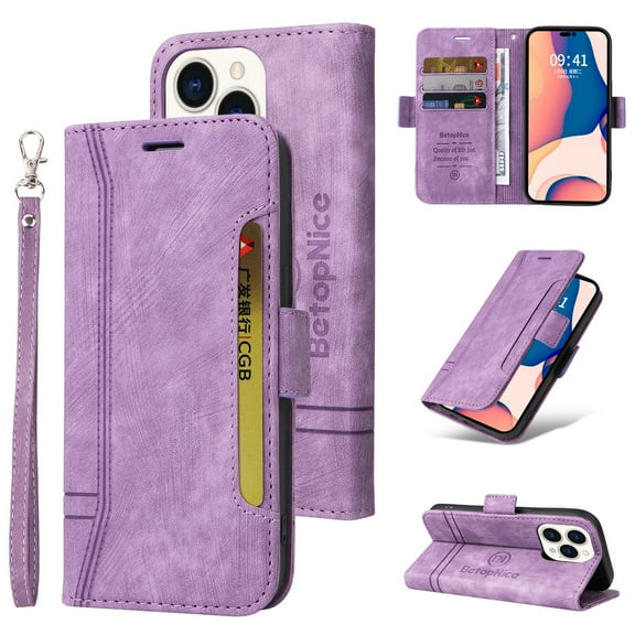 Allytech Case for iPhone 14 Pro 6.1",Leather Wallet Folding Case Kickstand and Detachable Strap Cash Pocket Credit Card Slots Magnetic Closure Compatible with iPhone 14 Pro,Purple