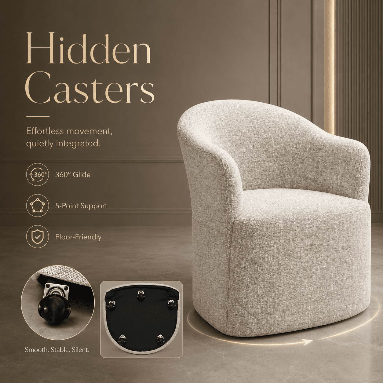 Aenkyo Dining Chair with Casters, Upholstered Barrel Back Rolling Accent Chair, Ginger Brown