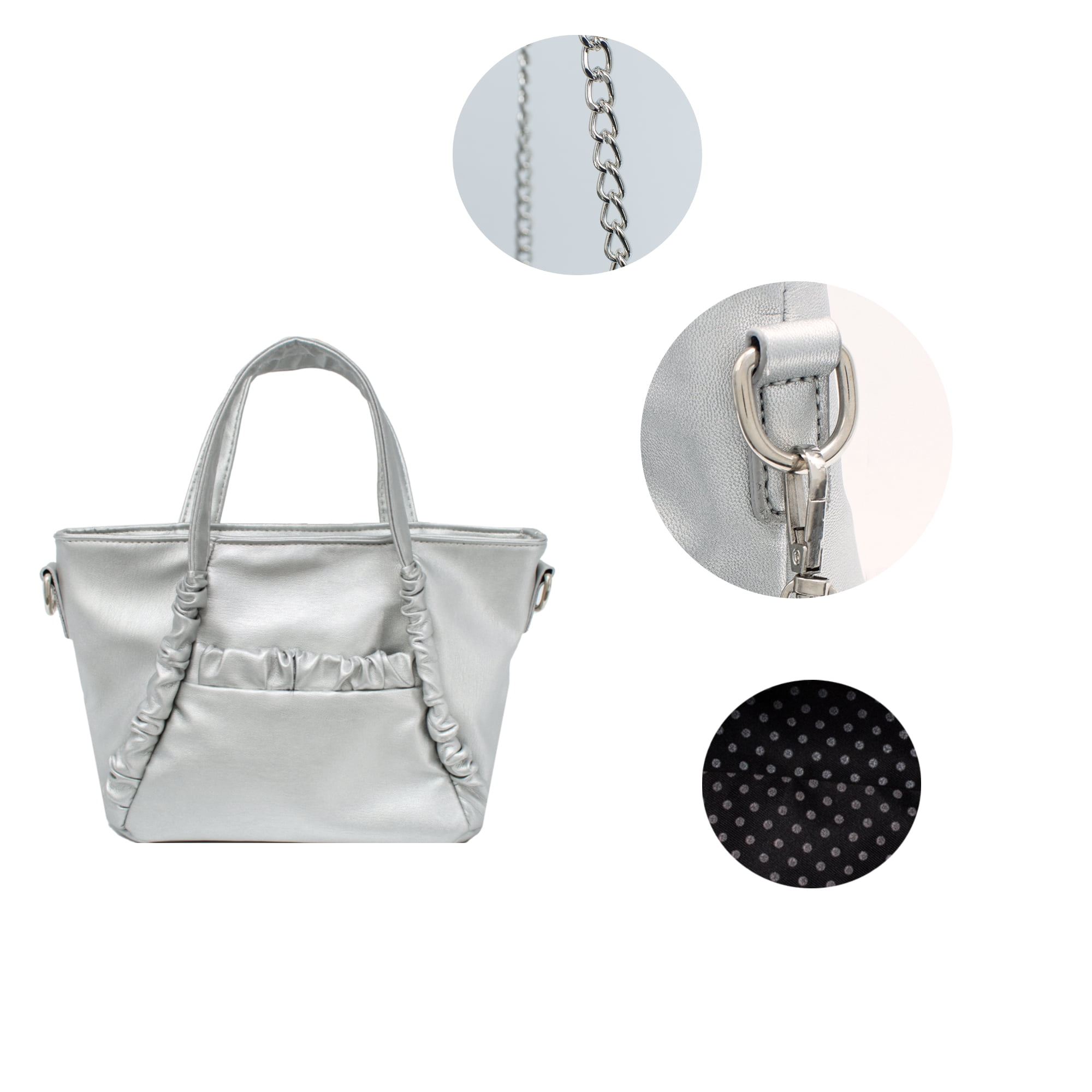 Olivia & Kate Women's Vegan Leather Silver Everyday Satchel withTop Handles & Chain Strap