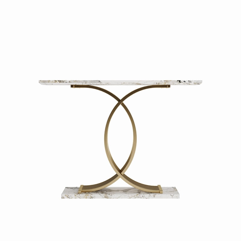 Accent Console Sofa Table with Gold Intertwined Crossed Metal Base, Entryway Display Side Table with Faux Marbling Top