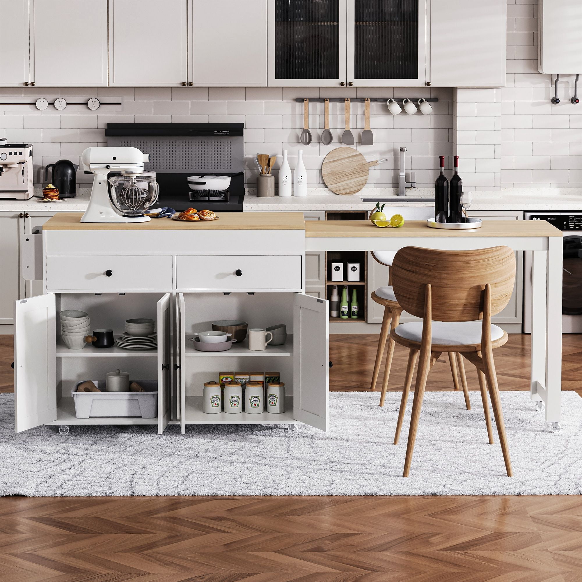 Alvantor 74.5" Kitchen Island with Extendable Dining Table, 2 Drawers, 4 Doors, Off White